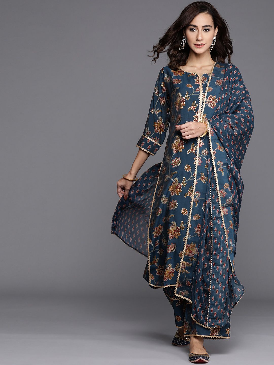Libas Women Blue & Maroon Floral Printed Regular Kurta with Palazzos & Dupatta