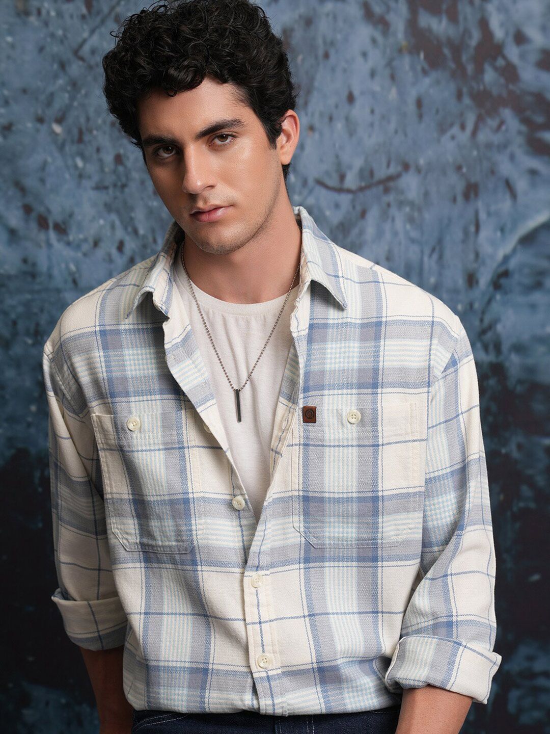 Locomotive Men White Dobby Textured Checked Utility Pocket Overshirt