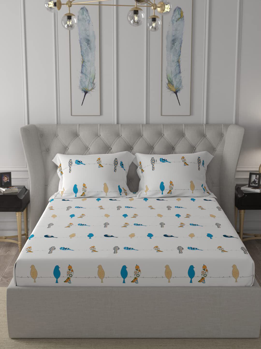URBAN SPACE White & Blue 144 TC Cotton Queen Bedsheet with 2 Pillow Covers
