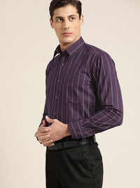 Hancock Men Purple Slim Fit Striped Pure Cotton Formal Shirt