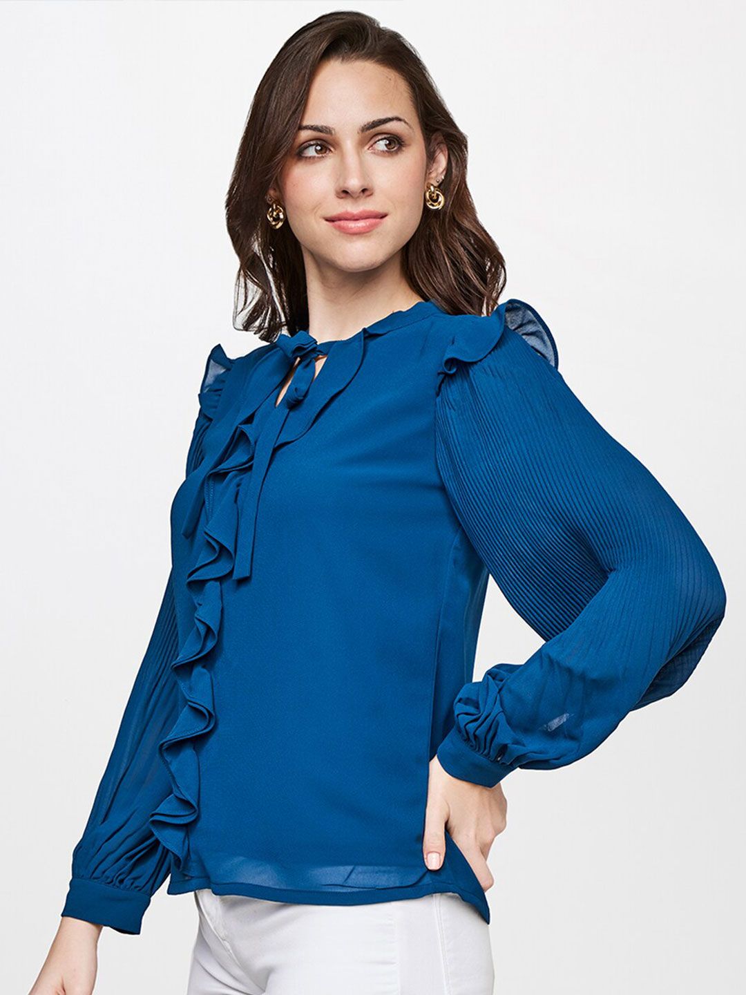 AND Teal Tie-Up Neck Bishop Sleeves Top