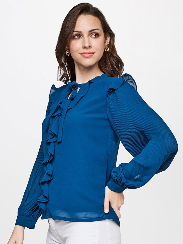 AND Teal Tie-Up Neck Bishop Sleeves Top
