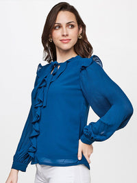 AND Teal Tie-Up Neck Bishop Sleeves Top