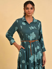 W Green Abstract Printed Shirt Collar Belted Shirt Midi Dress