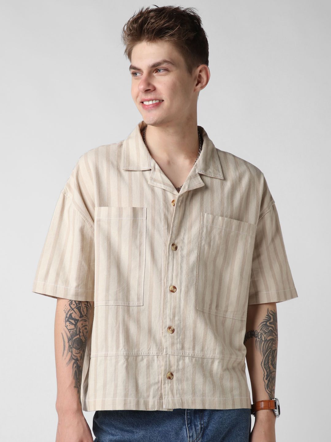 VASTRADO Men Striped Double Pocket Cotton Oversized Cropped Shirt