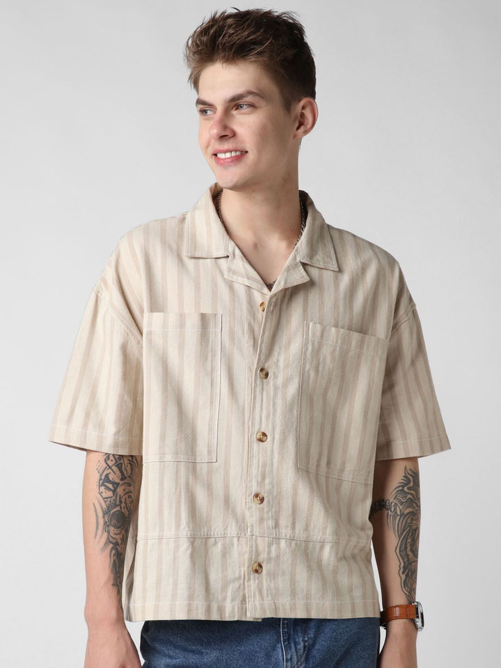 VASTRADO Men Striped Double Pocket Cotton Oversized Cropped Shirt