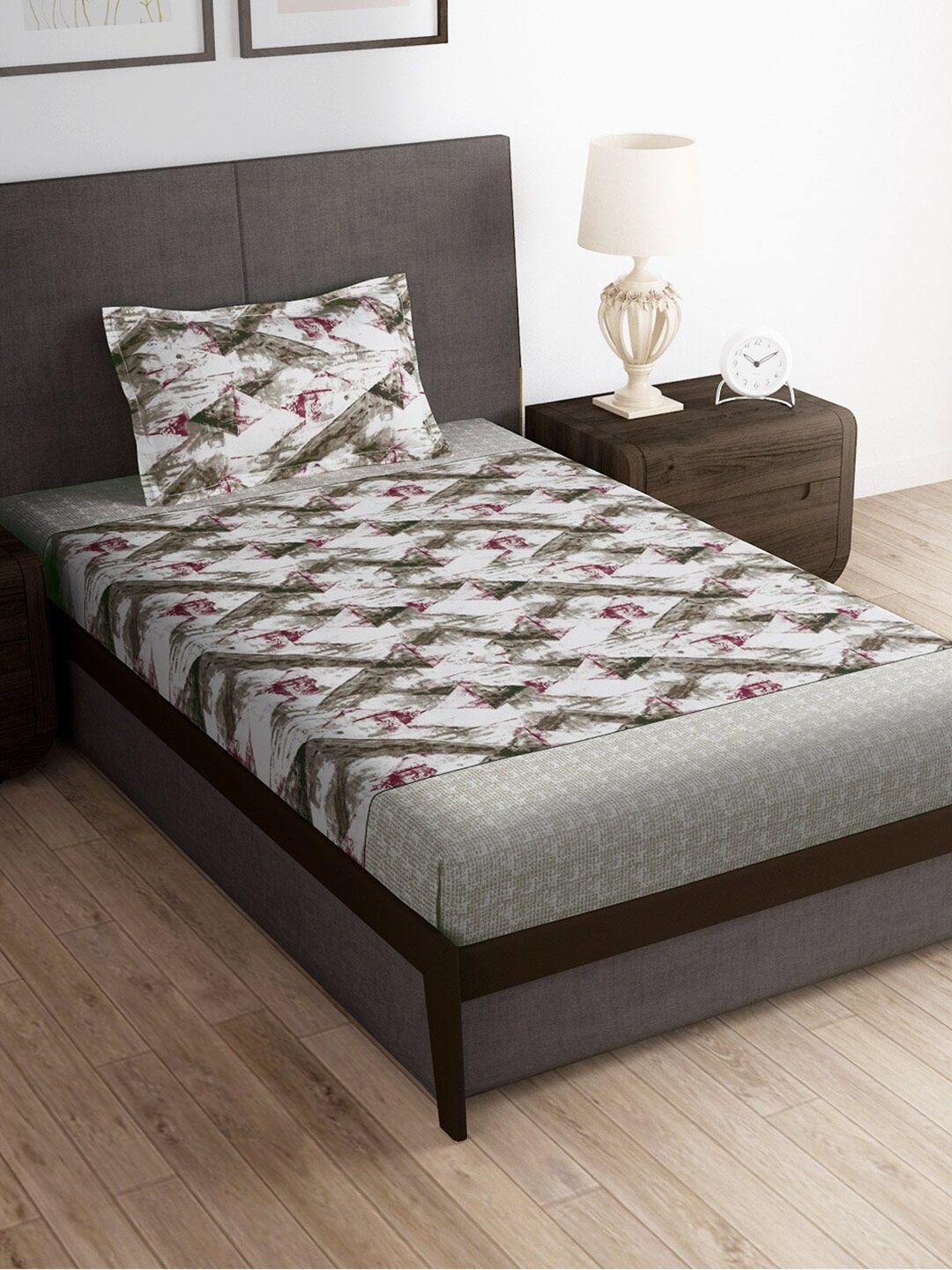 Story@home Brown & Pink Abstract Microfiber 180 TC Single Bedsheet With 1 Pillow Cover