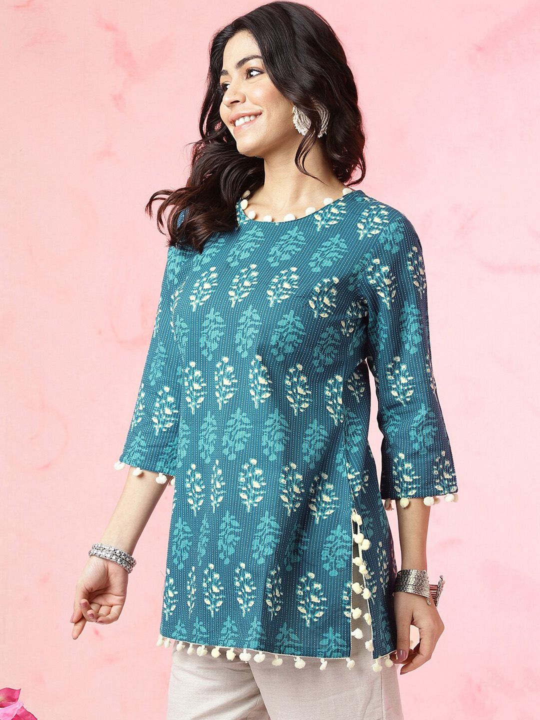 Anouk Teal Blue Ethnic Motifs Printed Pom Pom Pure Cotton Straight Short Kurti