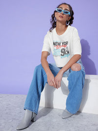 Dressberry Women Typography Print Drop-Shoulder Sleeves Cotton Crop Boxy T-shirt