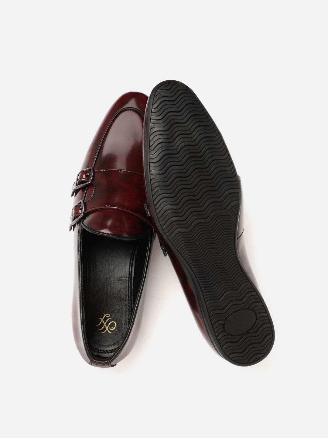House of Pataudi Men Burgundy Glossy Finish Handcrafted Leather Party Monk Shoes