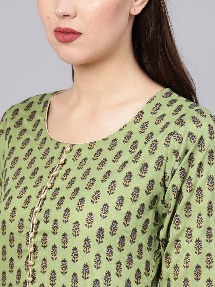 Libas Women Green & Navy Block Print Kurta with Palazzos