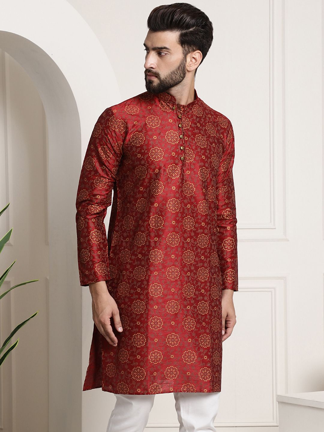 SOJANYA Men Maroon & Brown Ethnic Motifs Printed Kurta
