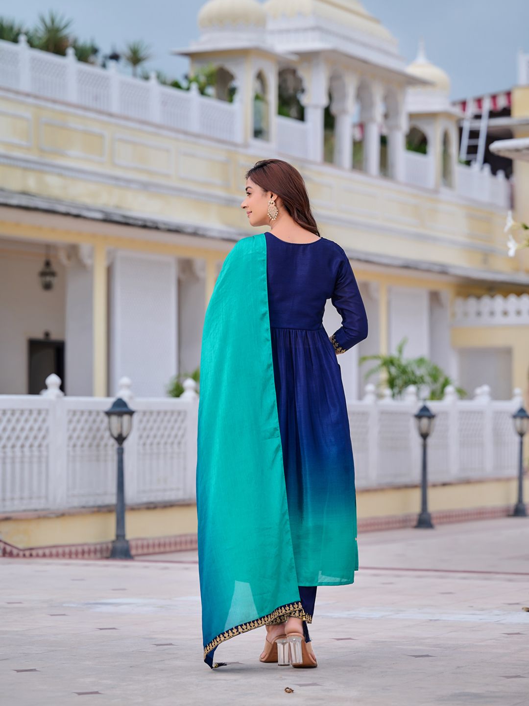 KALINI Ombre Dyed Empire Sequinned Anarkali Kurta with Trousers & Dupatta