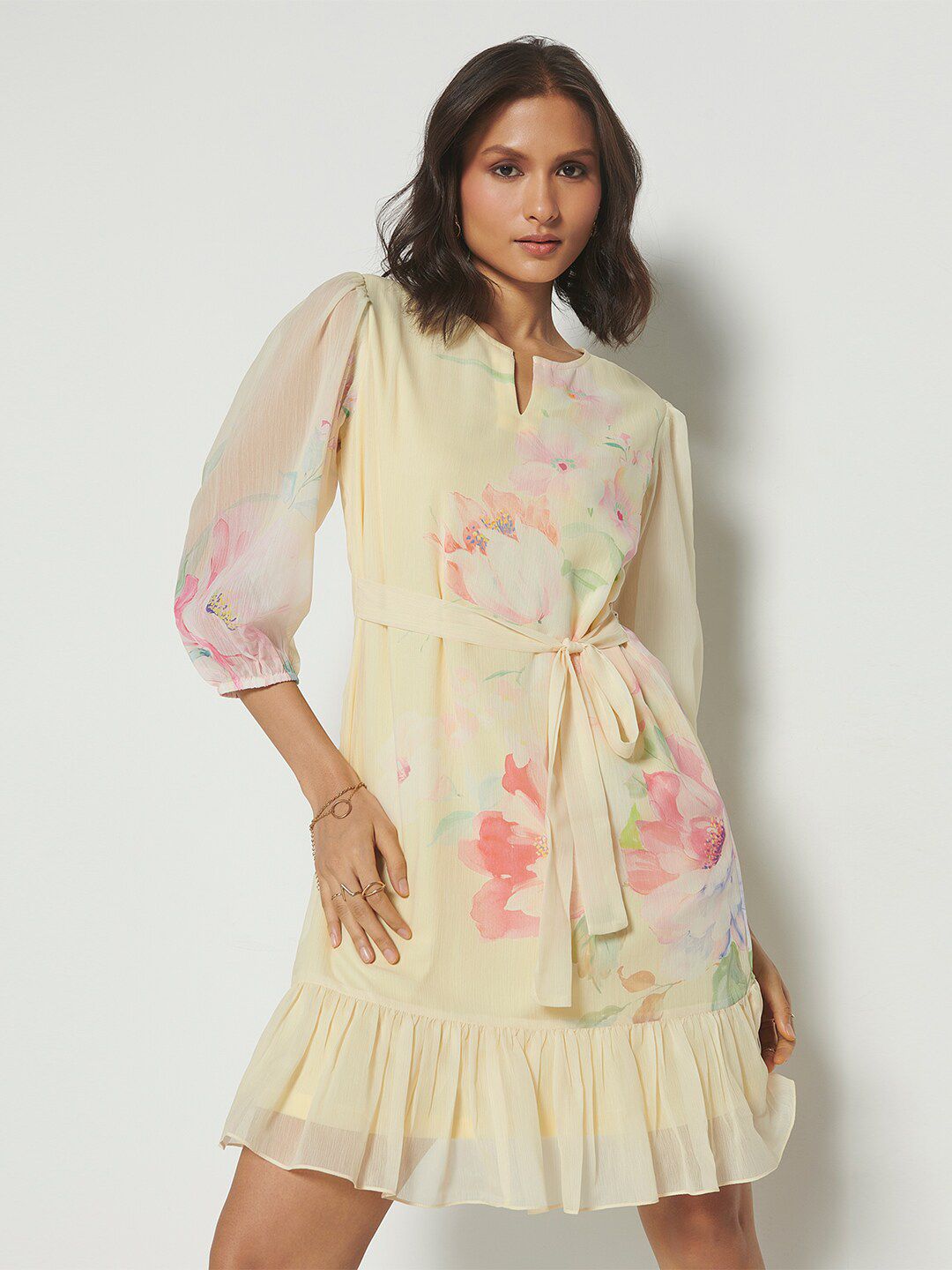 AND Floral Printed Puff Sleeves Gathered Detailed A-Line Dress