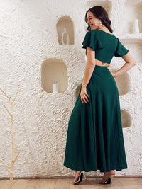 Berrylush Solid Flutter Sleeve Cut-outs & Slit Detailed Crepe Fit & Flare Maxi Dress