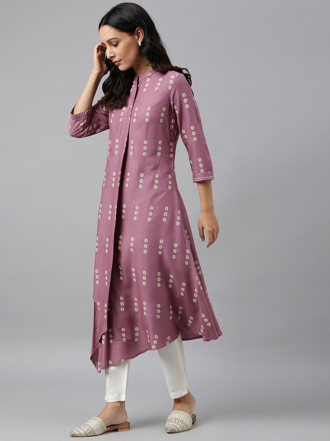 W Women Purple Quirky Printed Asymmetric Kurta