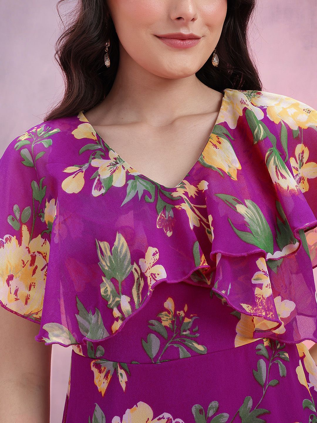 DressBerry Floral Print V-Neck Layered A-Line Midi Dress