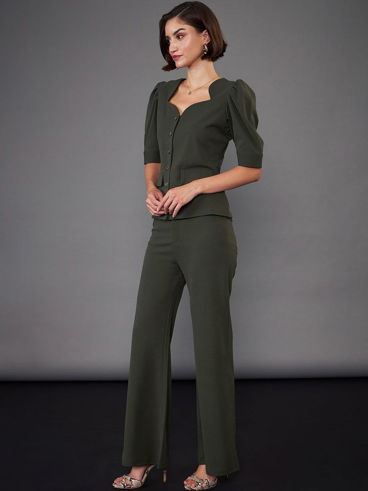 SASSAFRAS worklyf Olive Green Puff Sleeves Top & Trousers Co-Ords