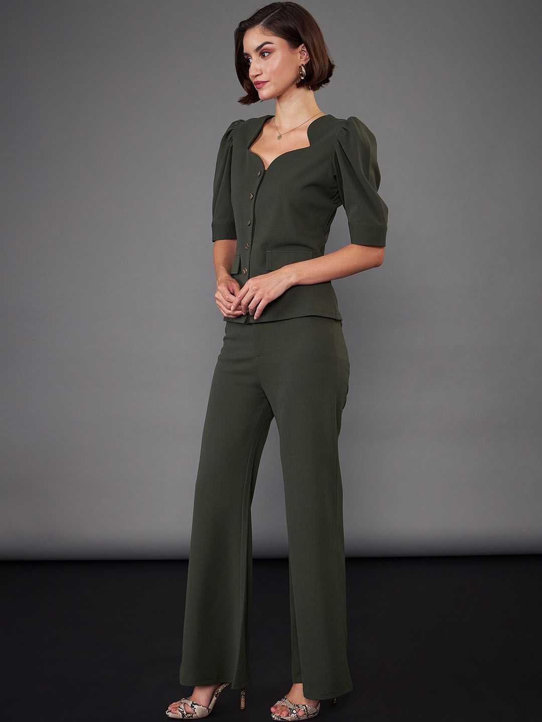 SASSAFRAS worklyf Olive Green Puff Sleeves Top & Trousers Co-Ords