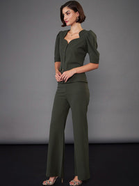 SASSAFRAS worklyf Olive Green Puff Sleeves Top & Trousers Co-Ords