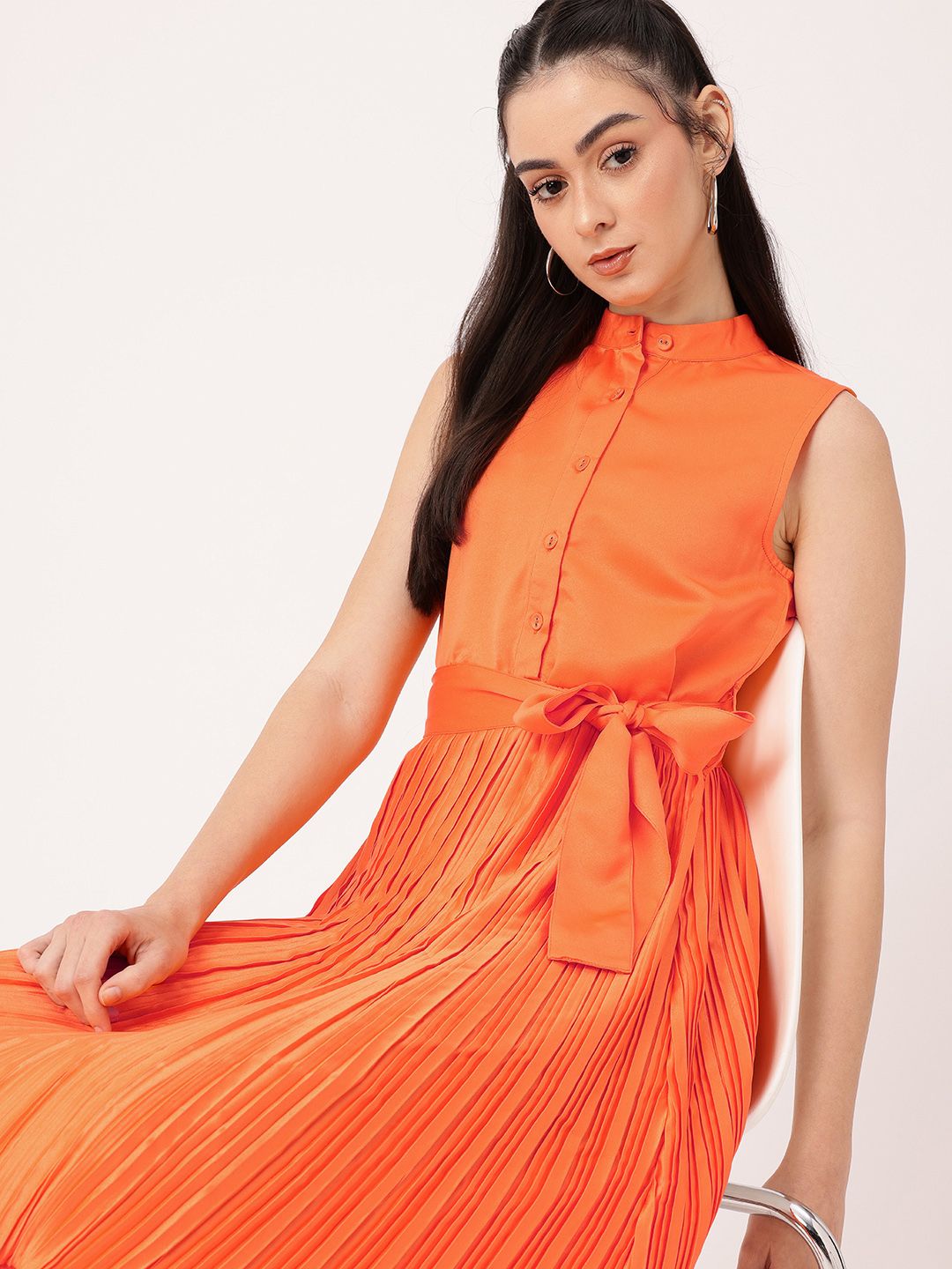 DressBerry Satin Sophistication Accordion Pleated Bow Detailed A-line Dress