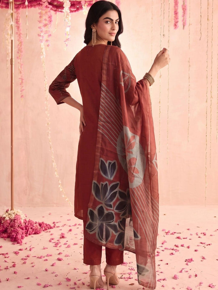 Motif Etnik Wanita Mamicha Bercetak Benang Biasa Kurta Kerja dengan Seluar & Dengan Dupatta