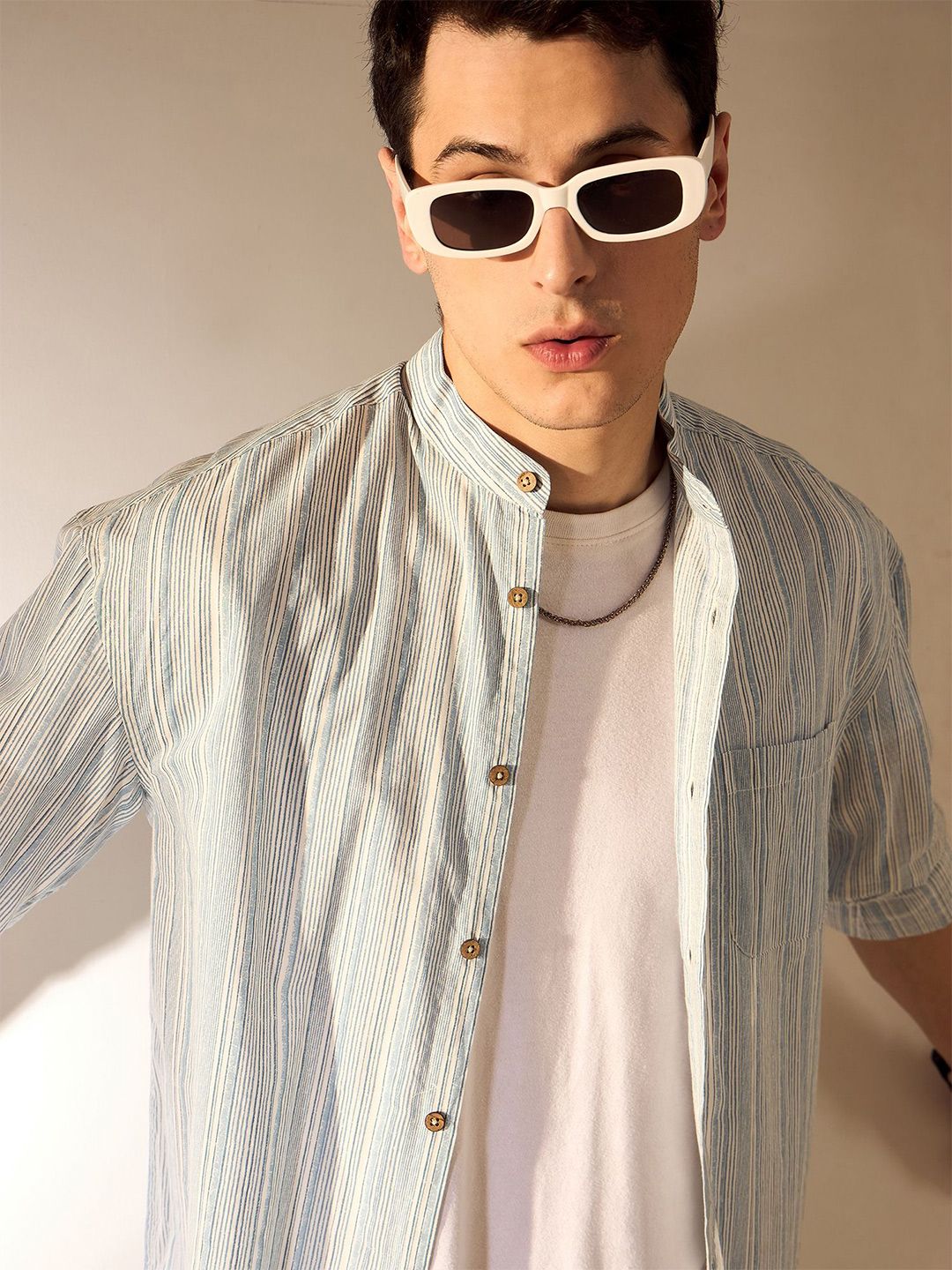 DENNISON Men Aspect Striped Mandarin Collar Oversized Shirt