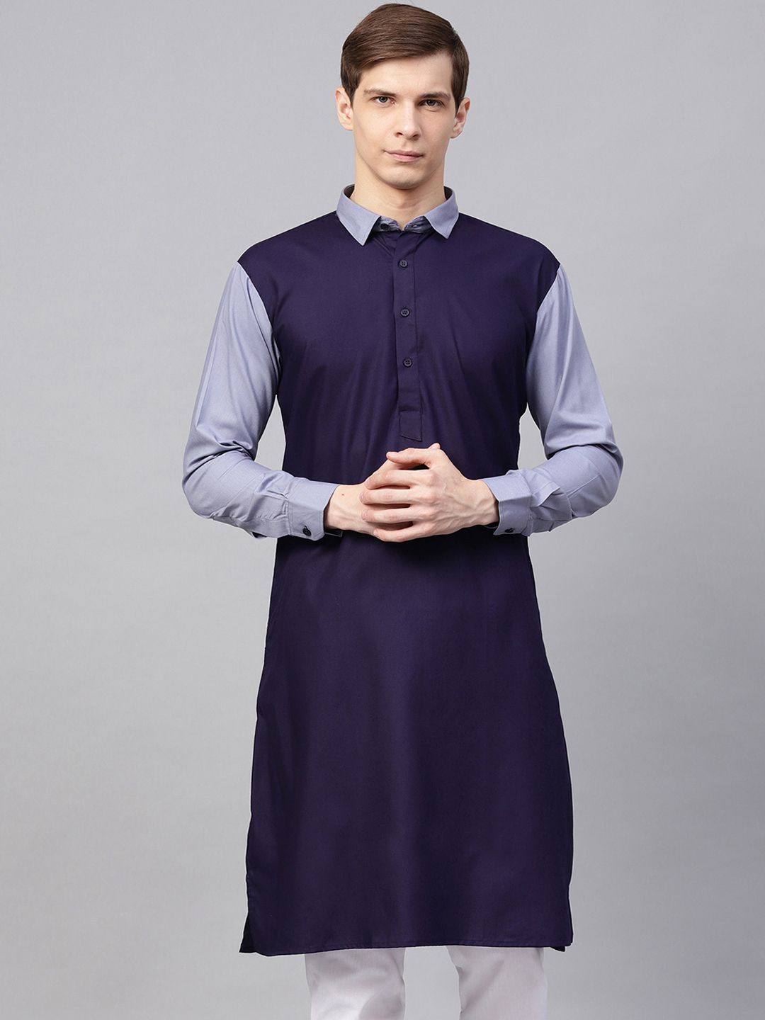 SOJANYA Lelaki Navy Blue Solid Kurta Lurus