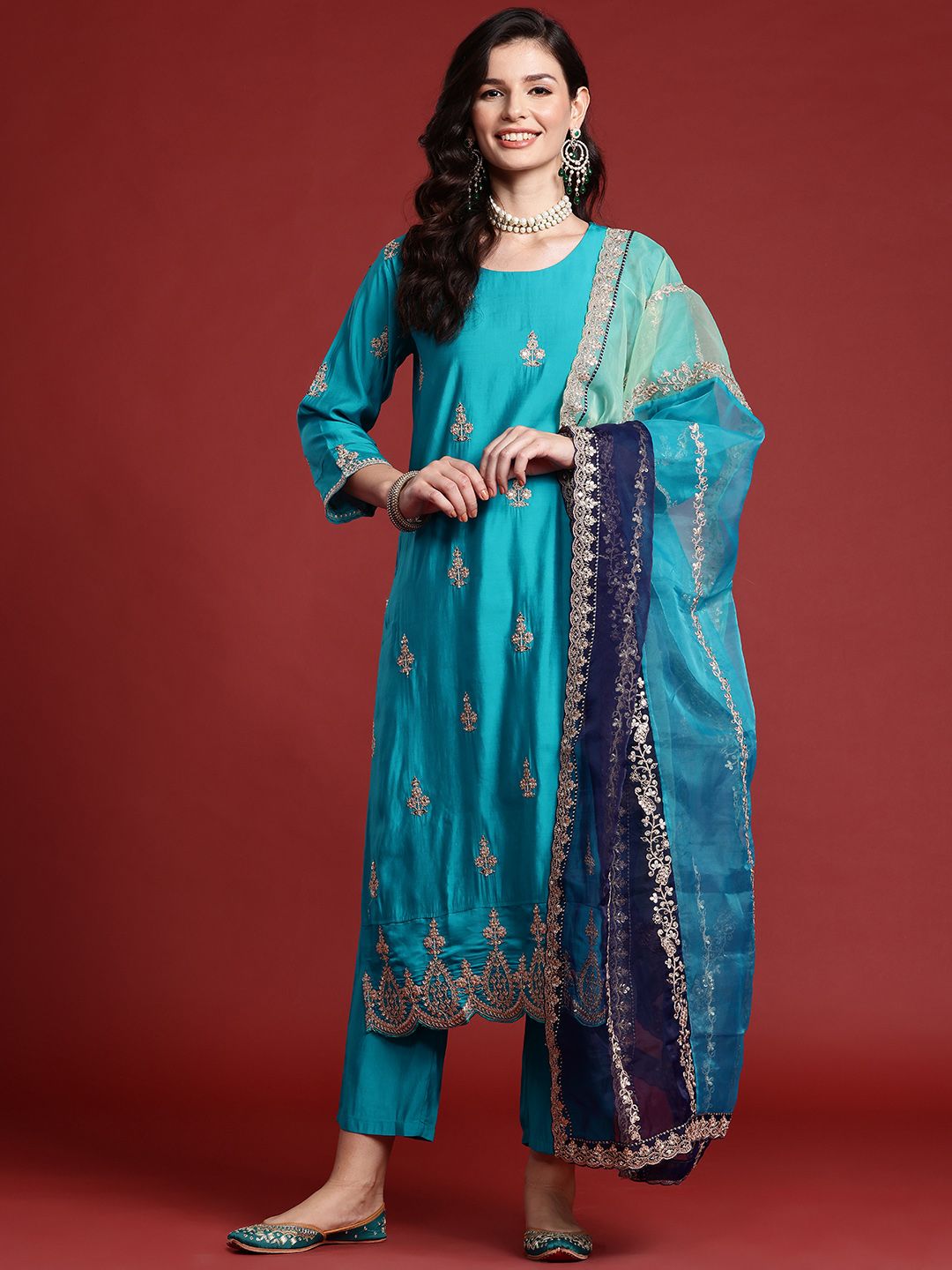 Indo Era Ethnic Motifs Embroidered Sequinned Kurta With Trousers & Dupatta