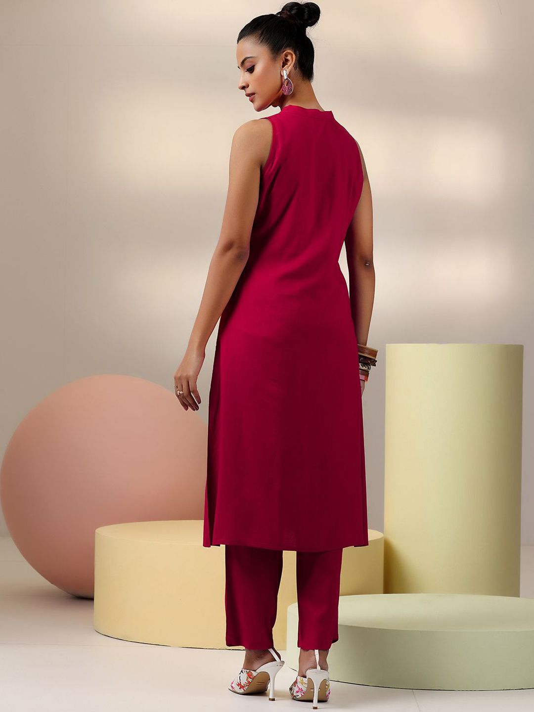 Libas Red Mandarin Collar Tunic & Trousers