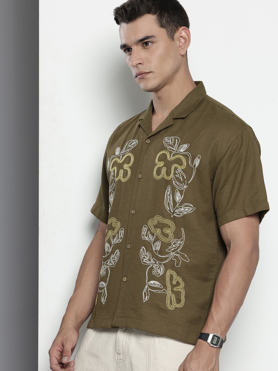 The Indian Garage Co. Relaxed Fit Opaque Floral Embroidered Pure Cotton Casual Shirt