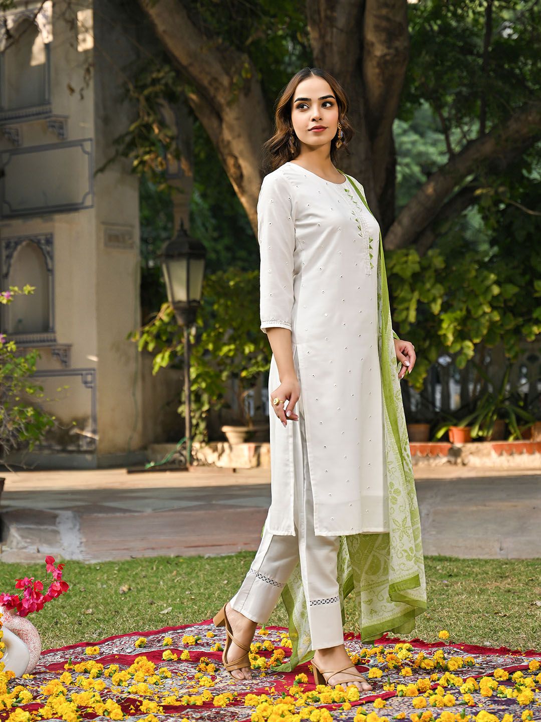 KALINI Women Embroidered Regular Gotta Patti Kurta with Trousers & With Dupatta