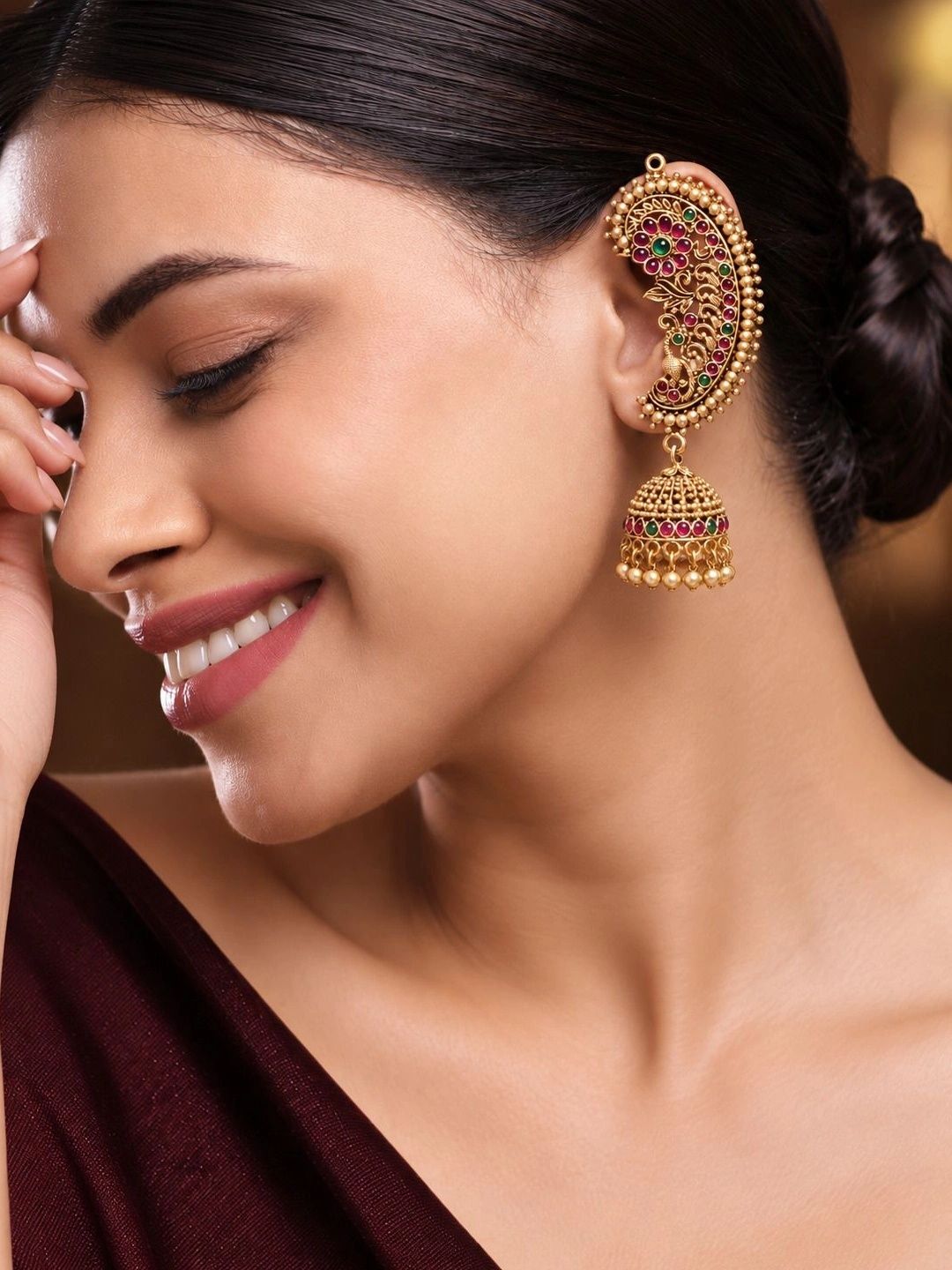 PANASH Gold-Plated Cubic Zirconia Studded Contemporary Jhumkas Earrings