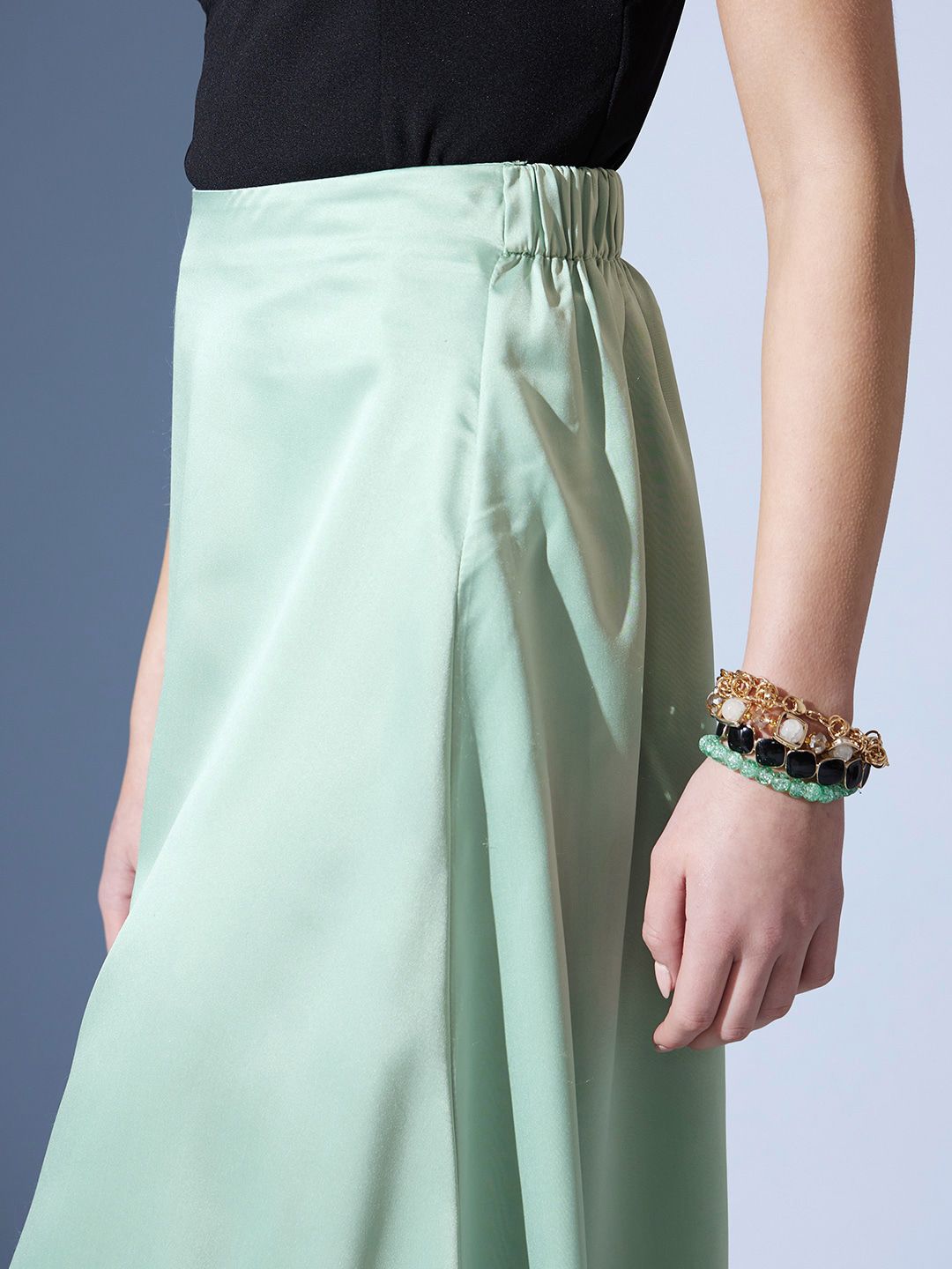 STREET 9 Sea Green Satin A-Line Midi Skirt