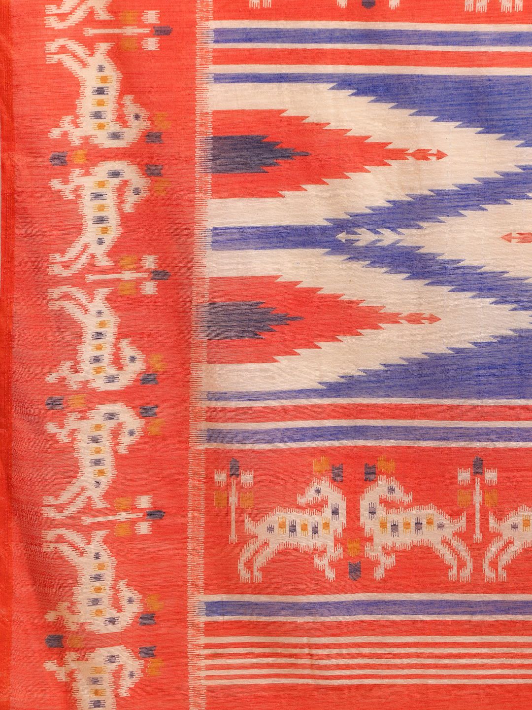 Saree mall Blue & Rust Orange Cotton Blend Printed Ikat Saree