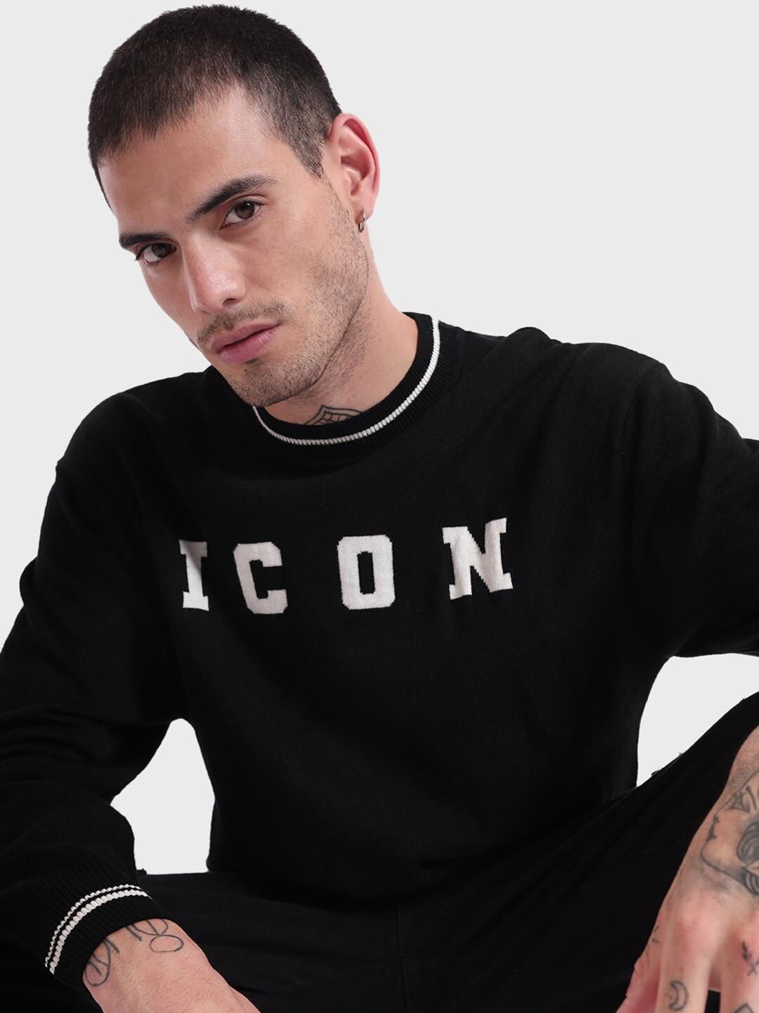 Bewakoof Men Jet Black ICON Typography Oversized Sweater