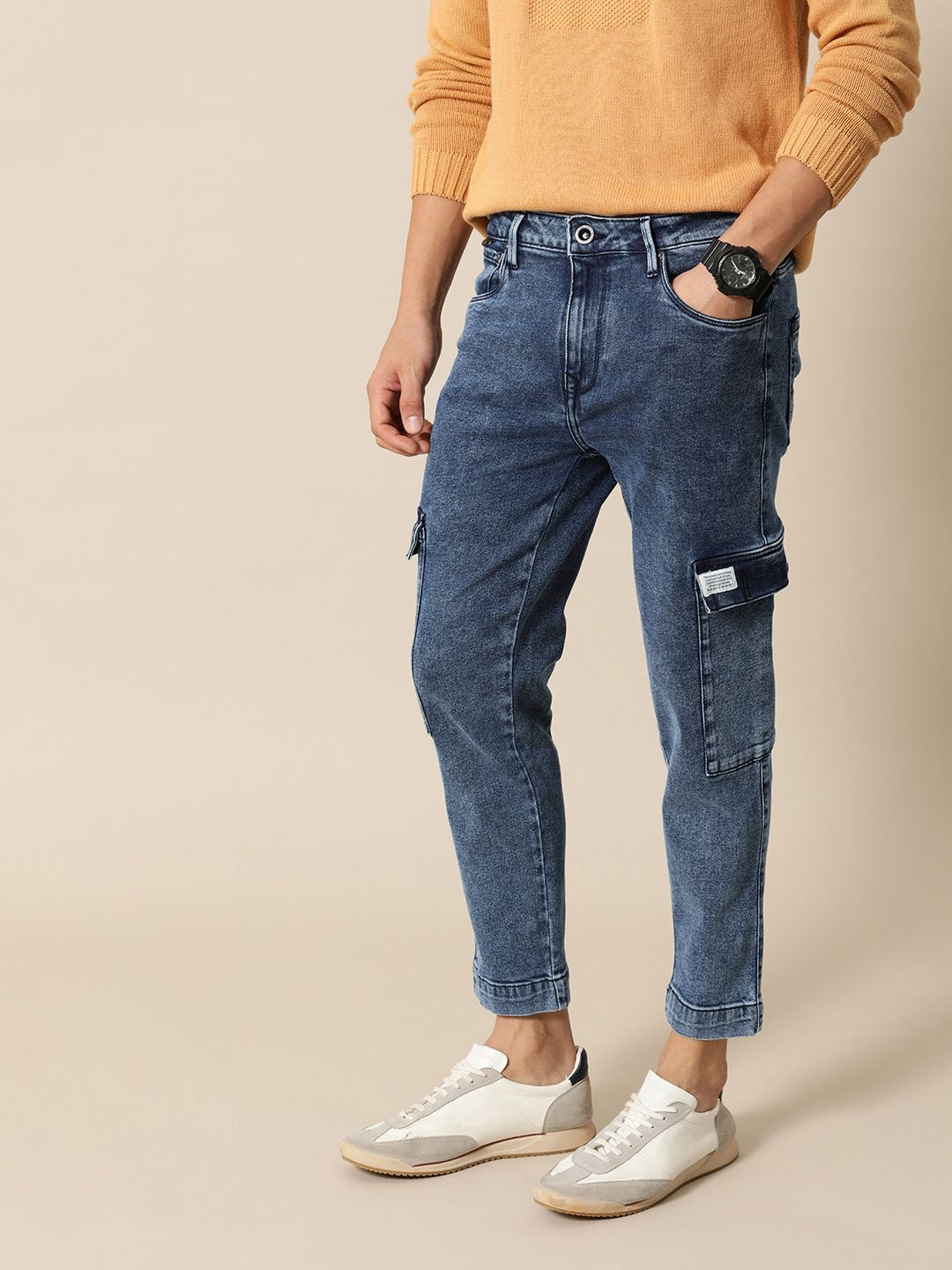 Mr Bowerbird Men Tapered Fit Heavy Fade Stretchable Cargo Style Mid-Rise Jeans