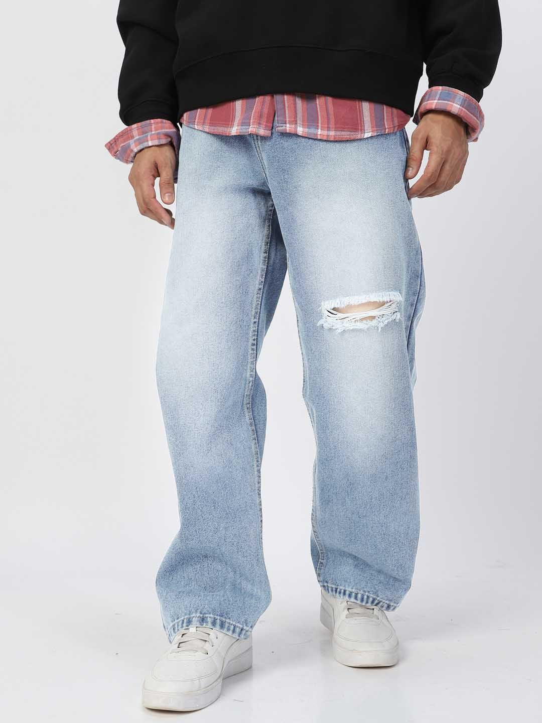 Urbano Fashion Men Pure Cotton Loose Relaxed Fit Slash Knee Heavy Fade Jeans