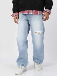 Urbano Fashion Men Pure Cotton Loose Relaxed Fit Slash Knee Heavy Fade Jeans