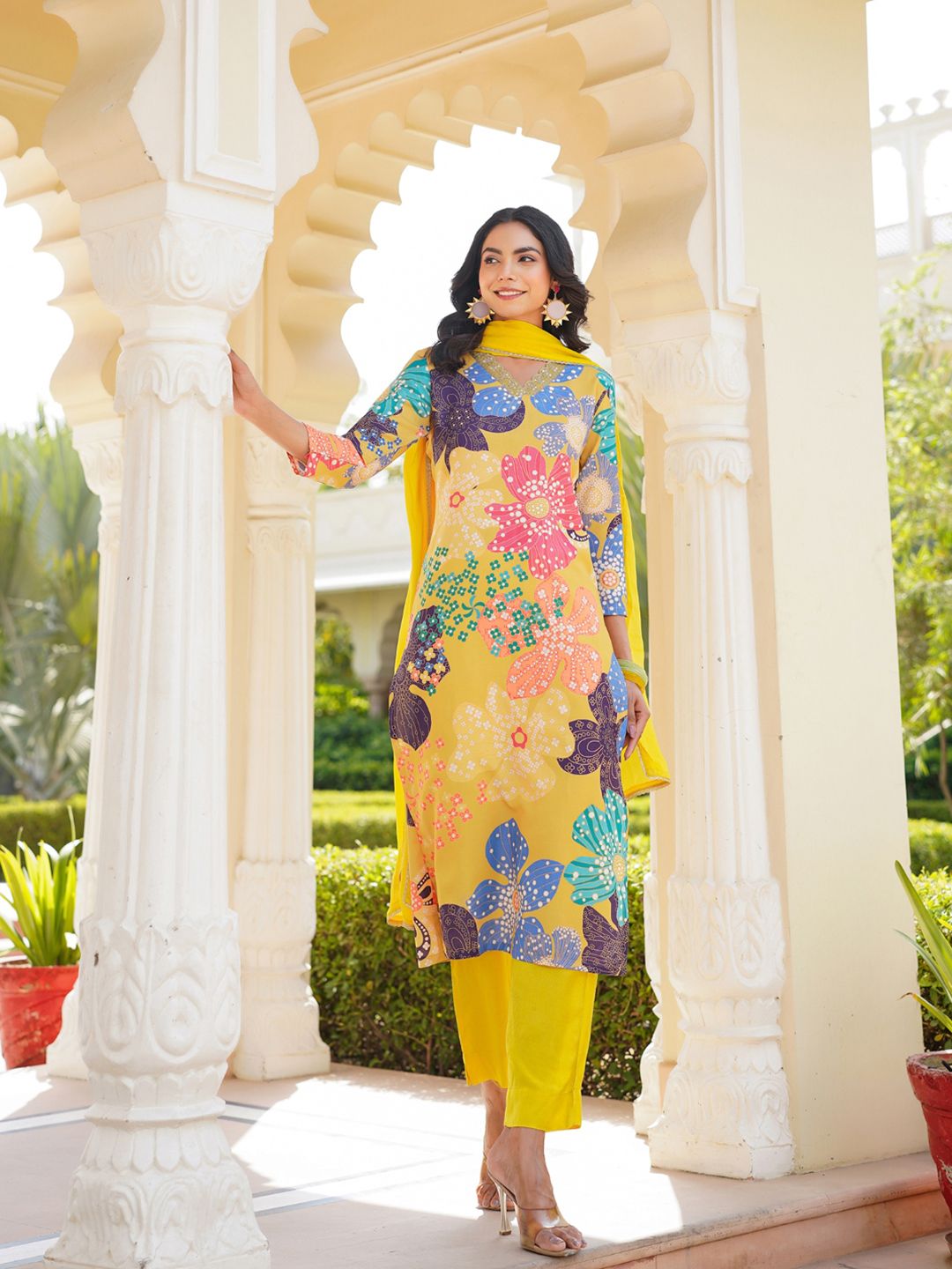 KALINI Floral Printed V-Neck Straight Kurta With Trousers & Dupatta