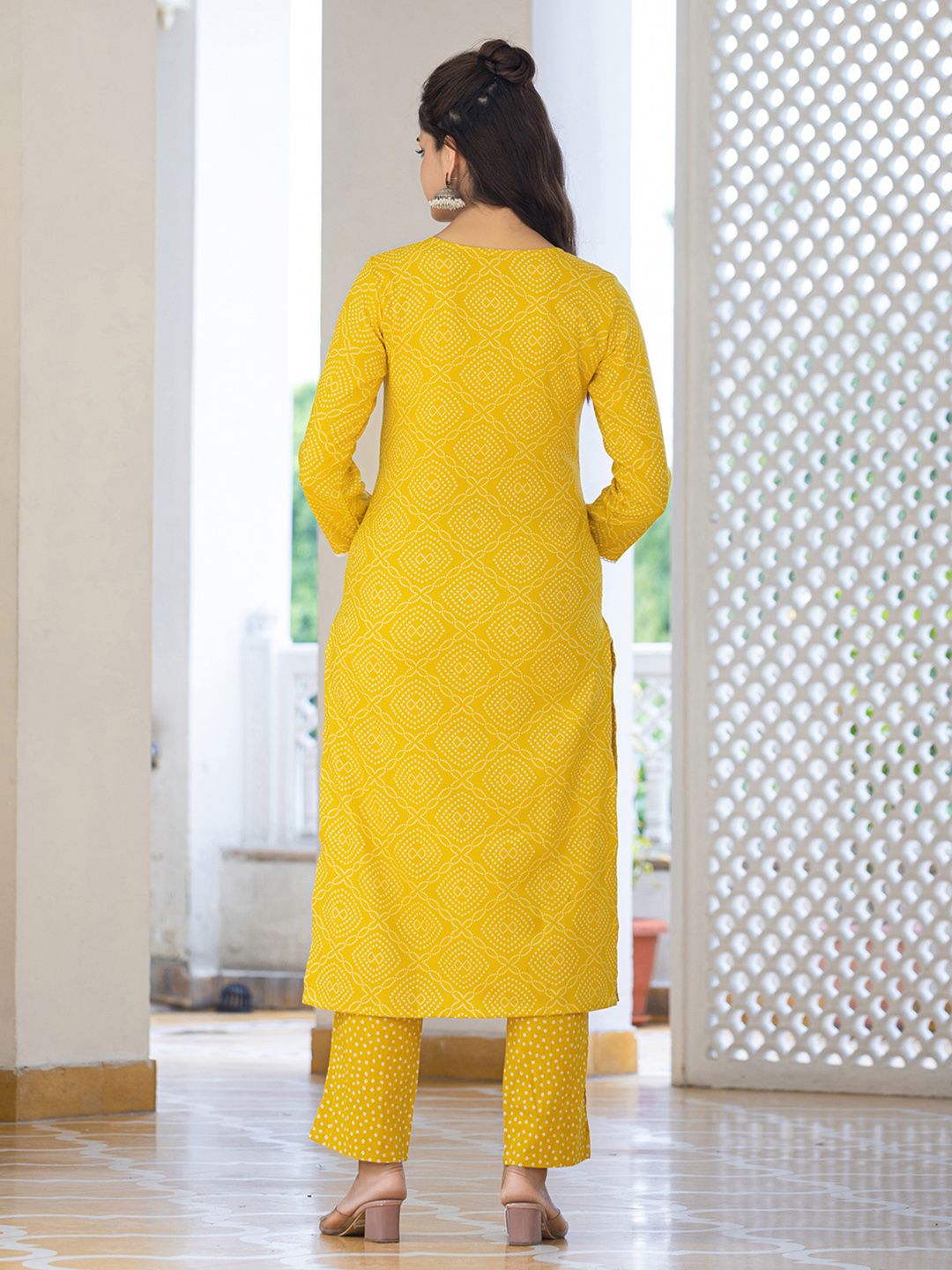 KALINI Bandhani Printed Regular Mirror Work Kurta With Trousers & Dupatta