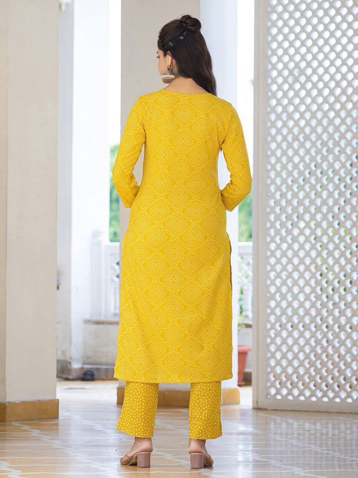 KALINI Bandhani Printed Regular Mirror Work Kurta With Trousers & Dupatta