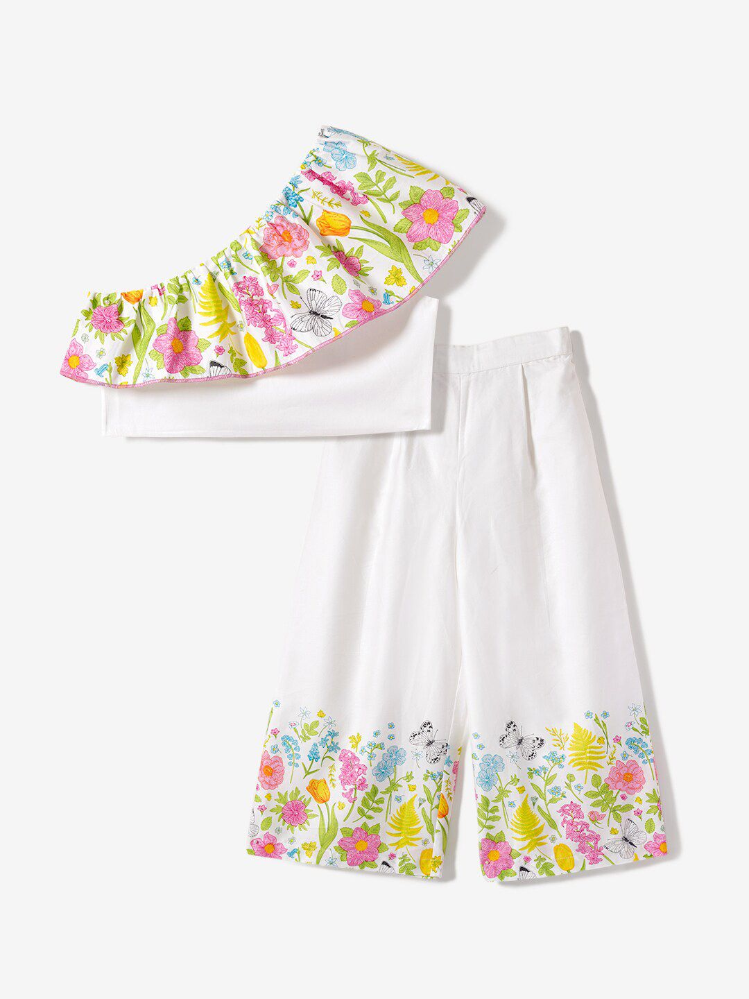 Nauti Nati Girls Printed One Shoulder Ruffles Pure Cotton Top with Trousers
