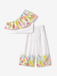 Nauti Nati Girls Printed One Shoulder Ruffles Pure Cotton Top with Trousers