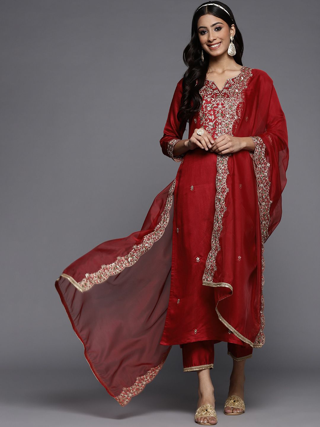 Indo Era Women Red Ethnic Motifs Embroidered Sequinned Liva Kurta with Trousers & Dupatta