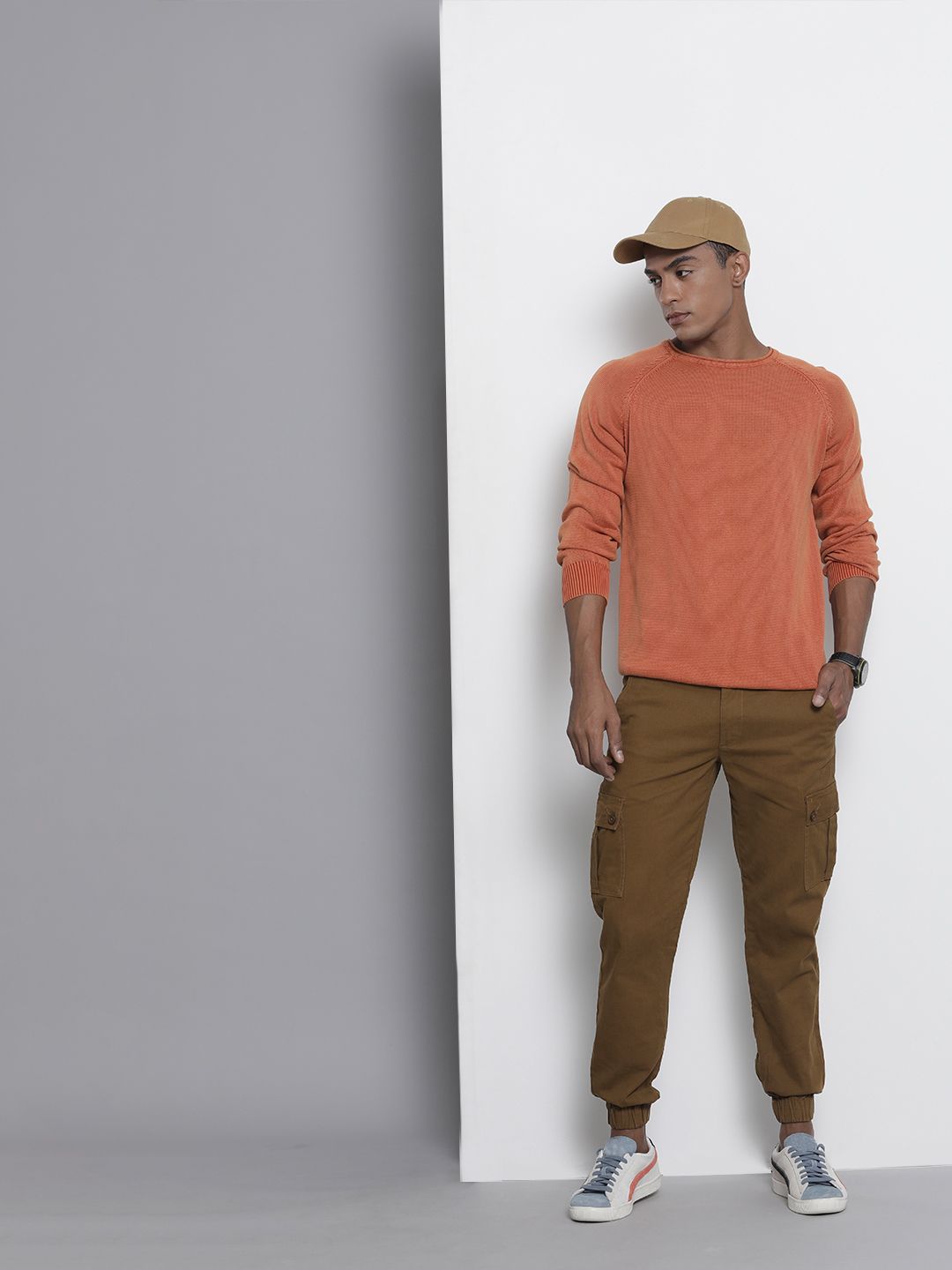 The Indian Garage Co Men Tan Slim Fit Joggers Trousers