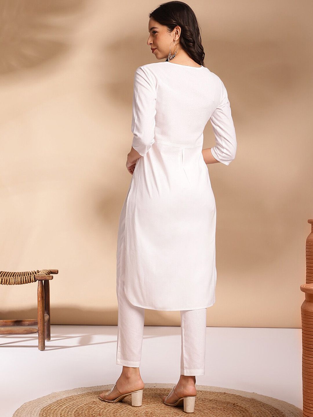Anouk Pleated Round Neck Round Neck Cotton Kurta with Trousers