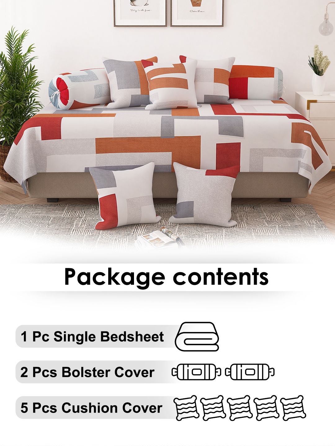 Story@home Geometric Printed 8 Pc Satin Finish Diwan Set