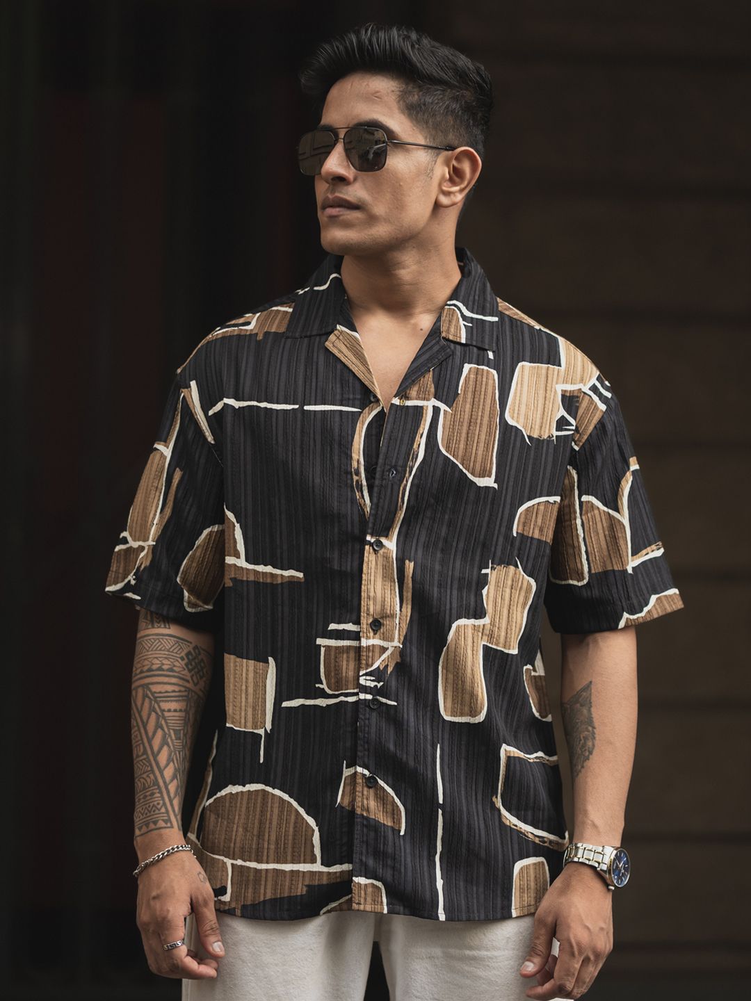 Powerlook Men Cuban Collar Abstract Printed Oversized Casual Shirt