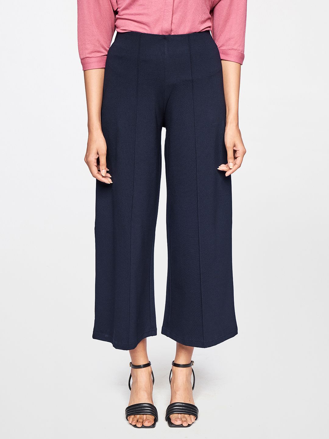AND Women Navy Blue Solid High-Rise Culottes